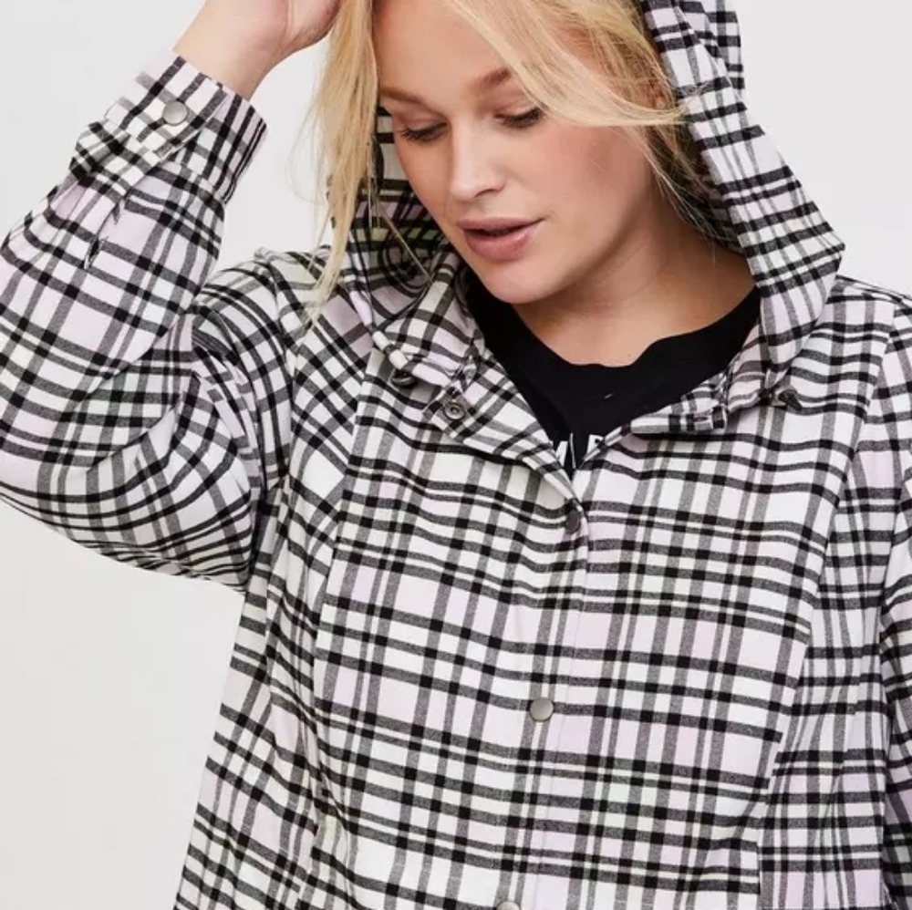 Torrid Jacket Anorak Pink Mint Plaid Flannel Hooded Long Outdoors Coat SZ 2 2X